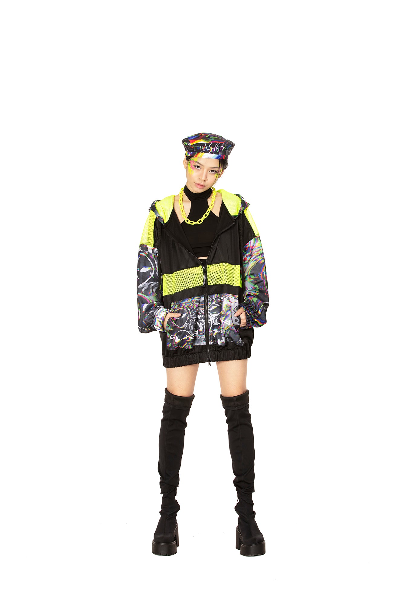 Black Alien Zip Up Hoodie with Mesh details