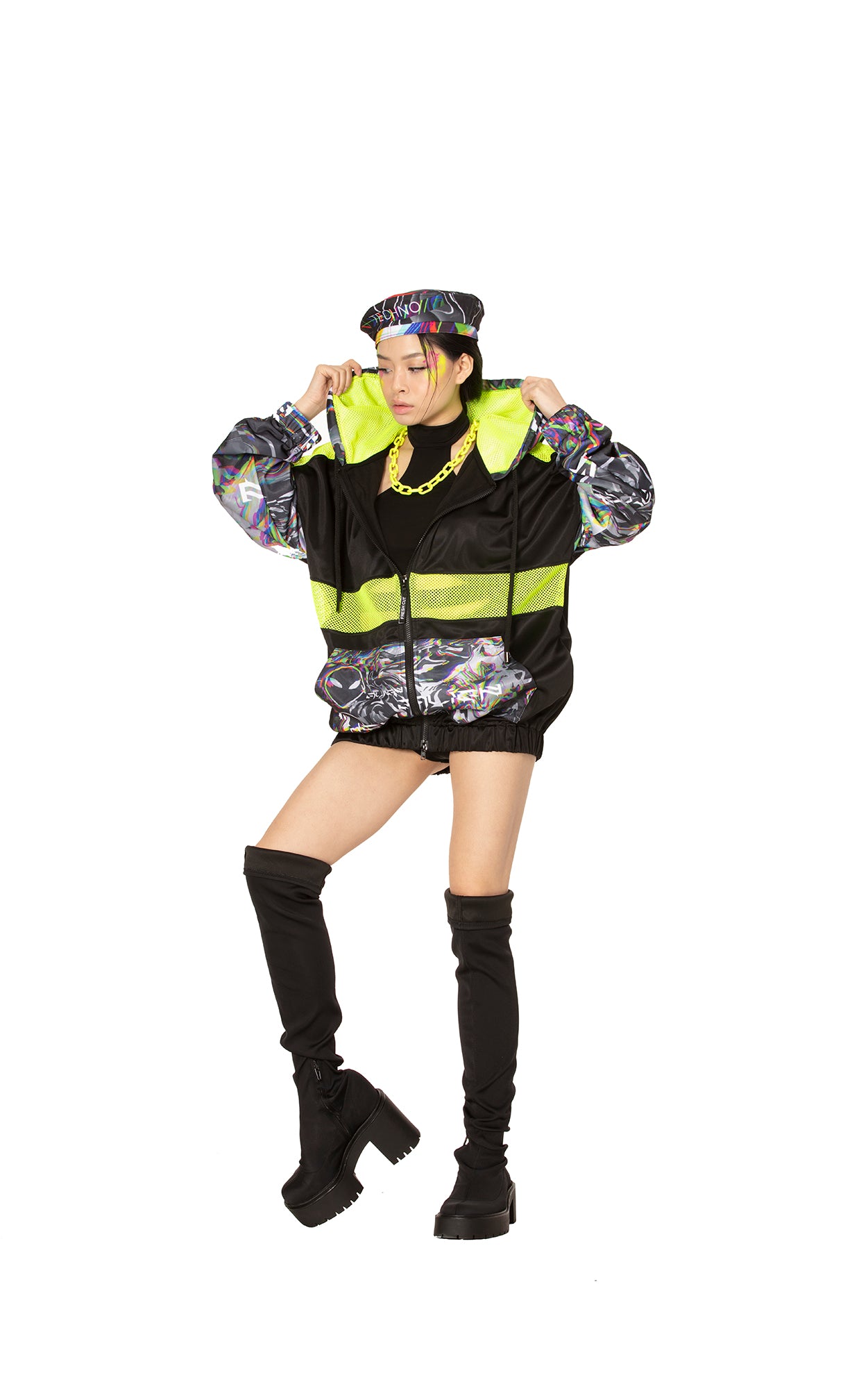 Black Alien Zip Up Hoodie with Mesh details