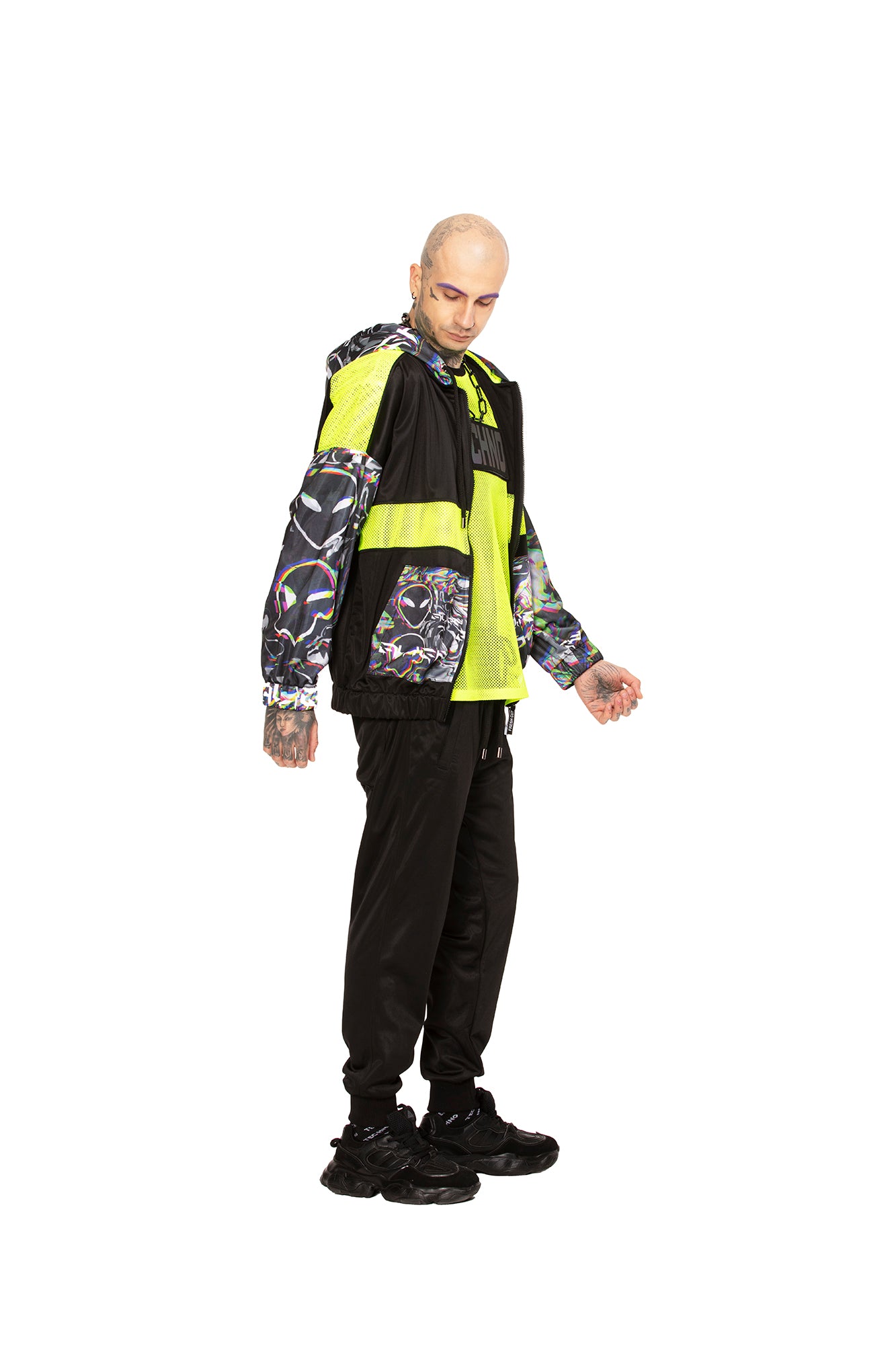 Black Alien Zip Up Hoodie with Mesh details