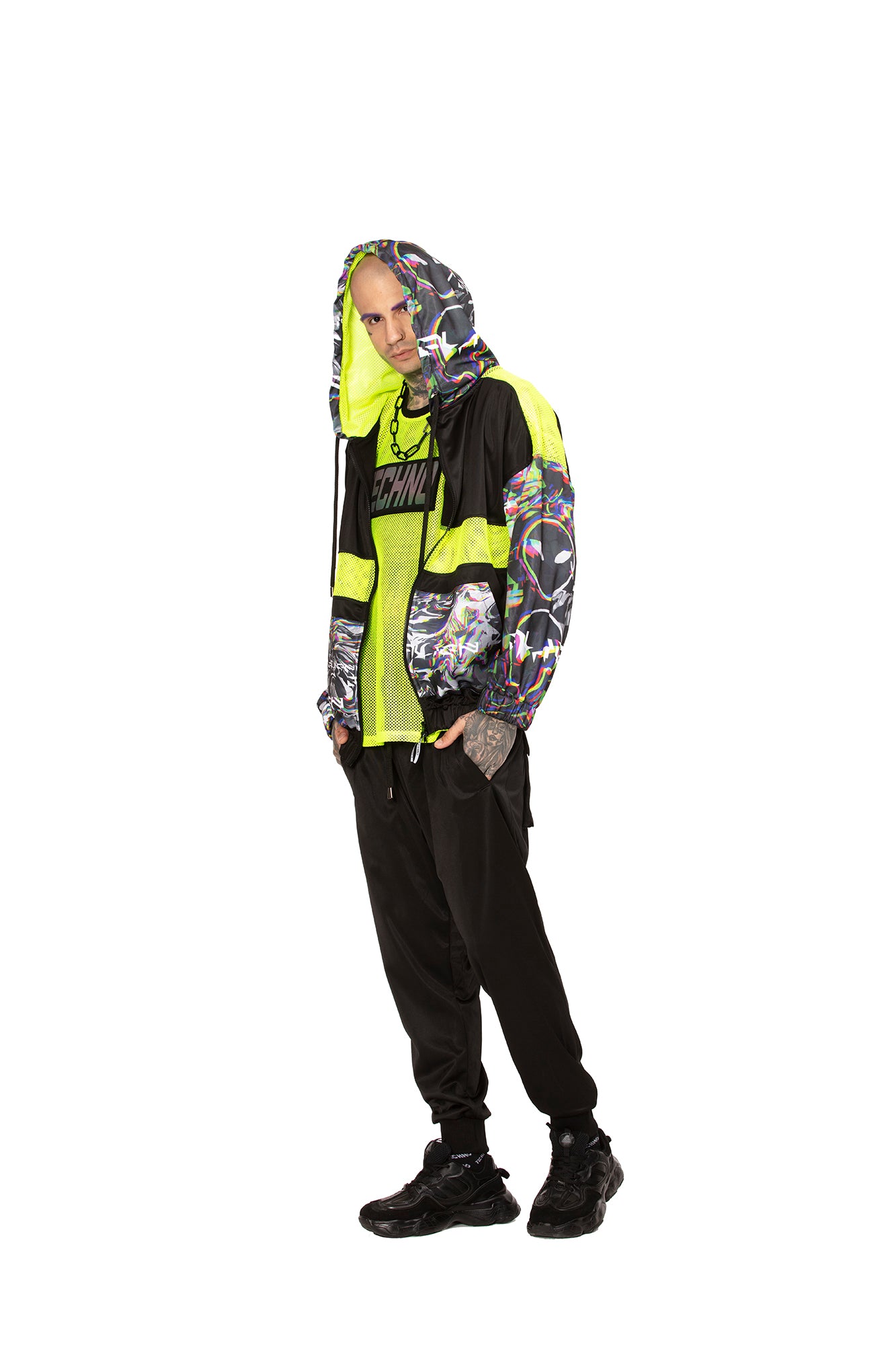 Black Alien Zip Up Hoodie with Mesh details