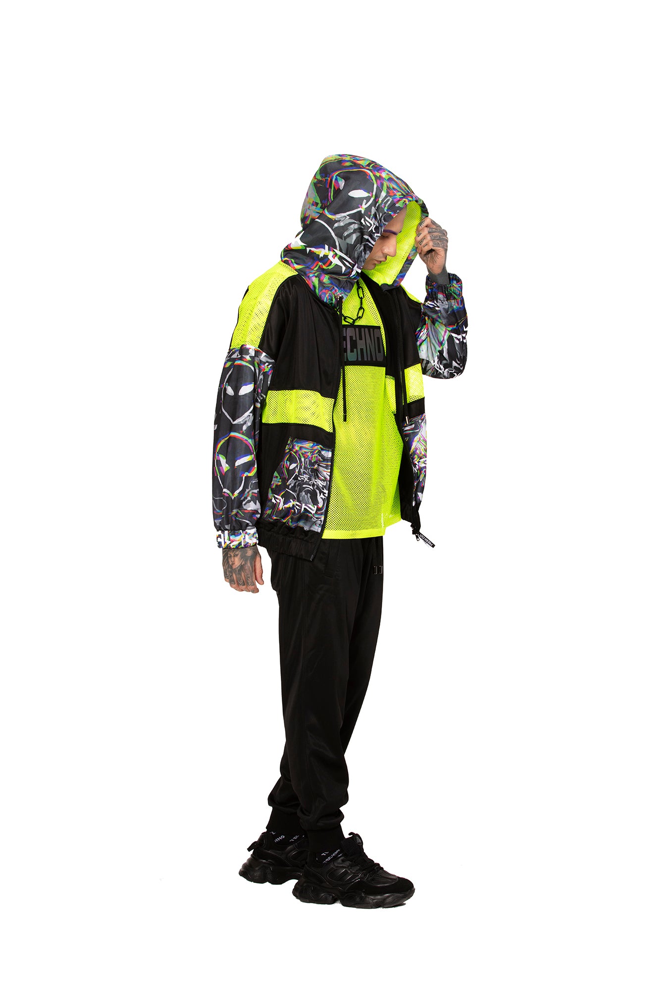 Black Alien Zip Up Hoodie with Mesh details
