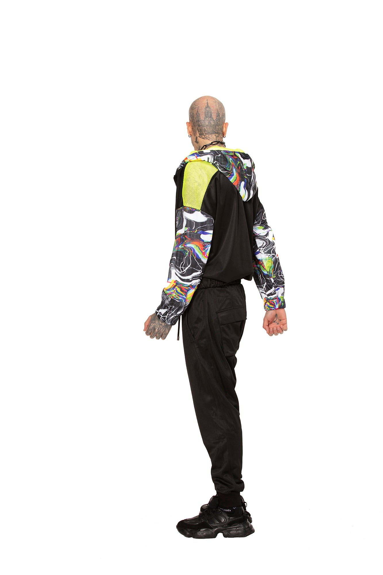 Distorted Techno Unisex Half Zip Hoodie with Mesh Details