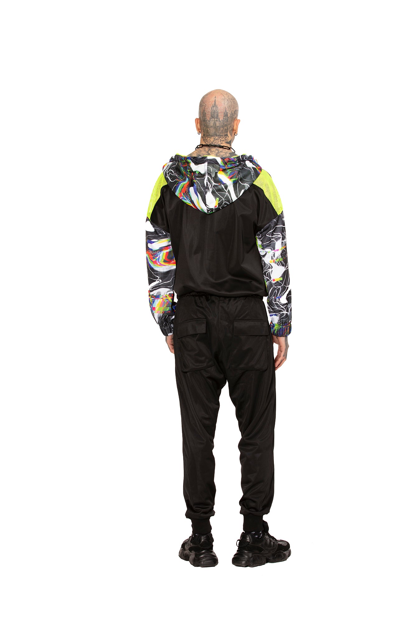 Distorted Techno Unisex Half Zip Hoodie with Mesh Details