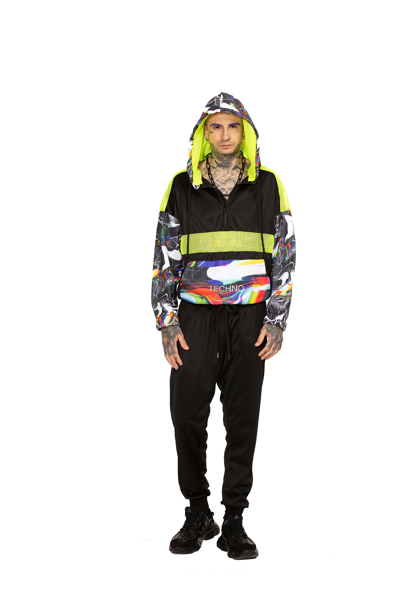 Distorted Techno Unisex Half Zip Hoodie with Mesh Details