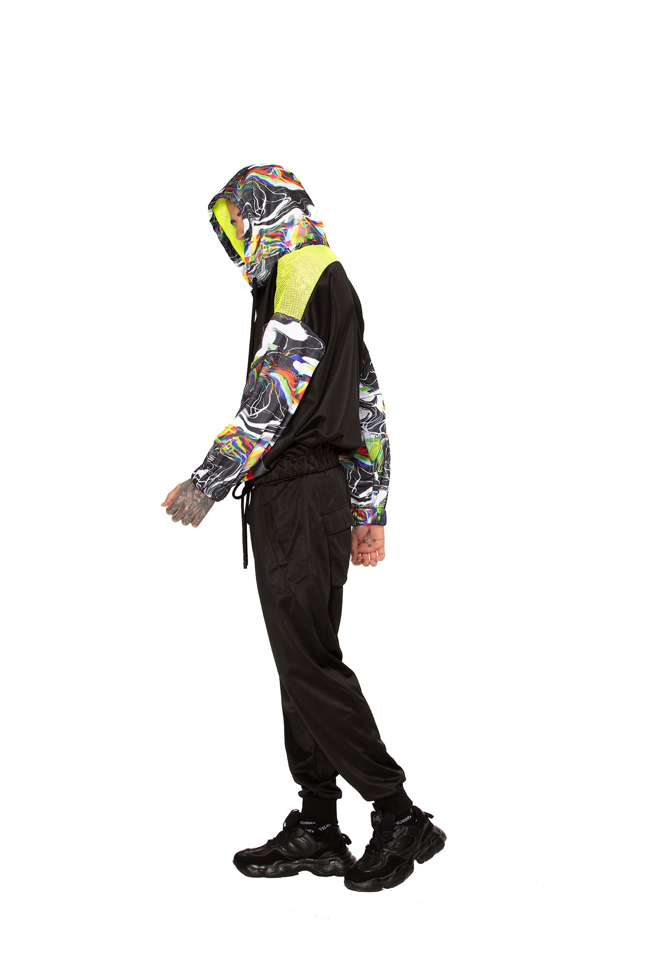 Distorted Techno Unisex Half Zip Hoodie with Mesh Details