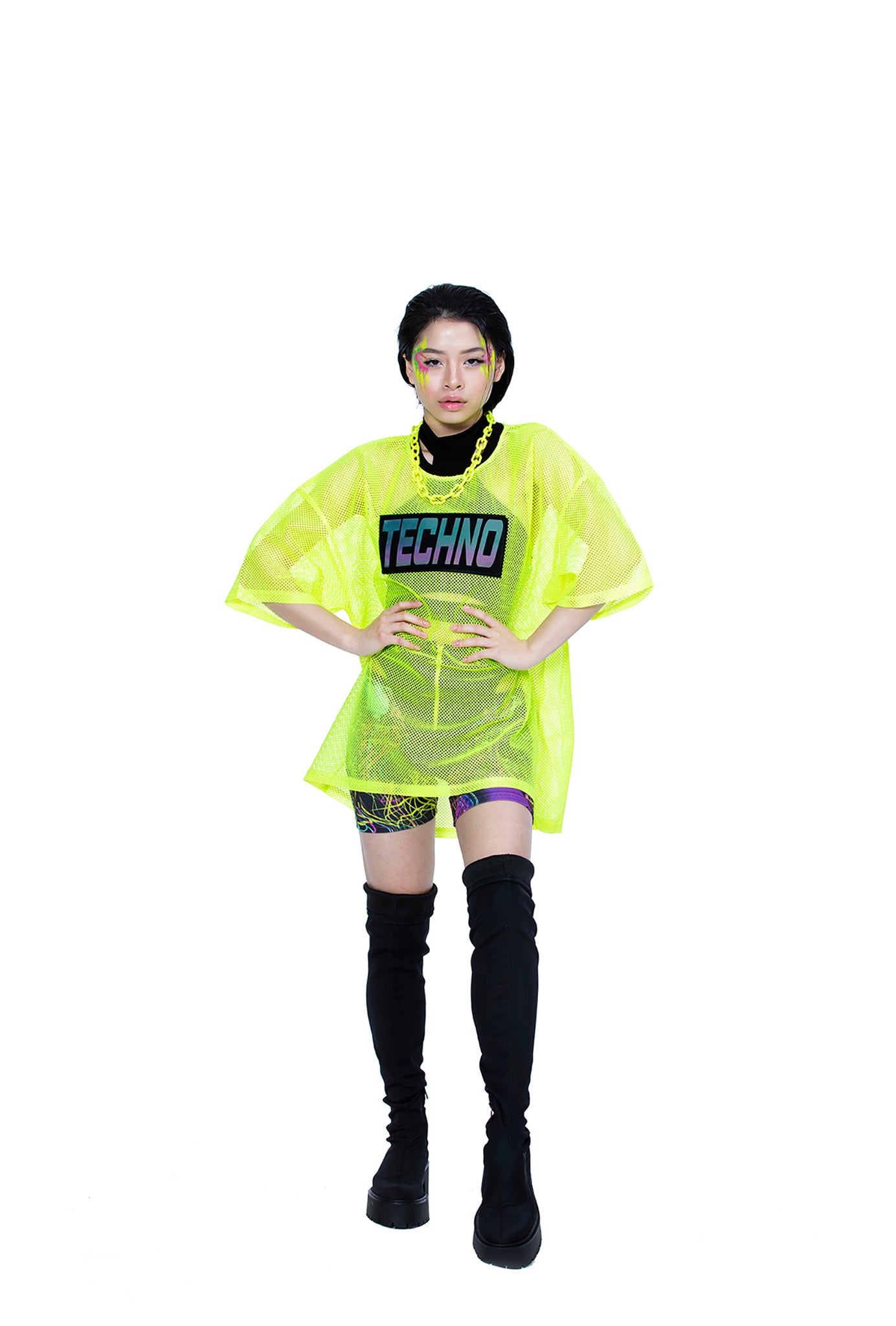 Unisex-Mesh-T-Shirt mit reflektierender Regenbogenaufschrift [Neongelb]